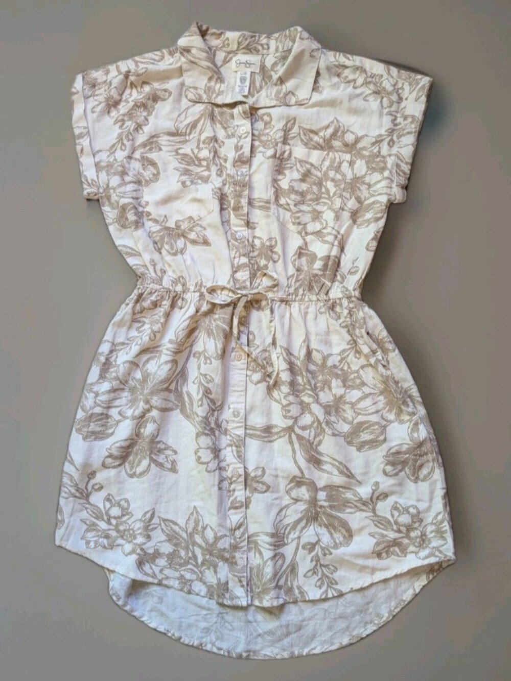 Jessica Simpson L Floral Linen Blend Shirt Dress Pockets Cream Neutral Summer Lg